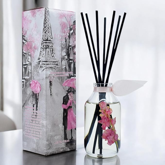 LOVSPA Reed Diffuser Set, Pink Tuberose Scented Oil Diffuser with Sticks, Home Fragrance Accessories for Bathroom Shelf Decor, Aroma Diffusers for Home or Office Desk, USA Made