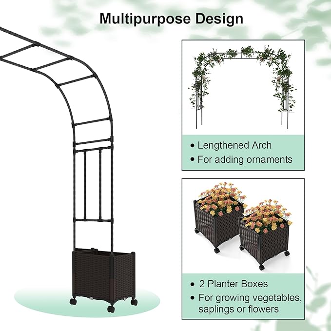 Giantex 6.6 FT Garden Arch with Trellis & 2 Planter Boxes, Tall Arbor for Climbing Vine, Flowers, Decorative Gate for Wedding Ceremony Party (Brown+Black)