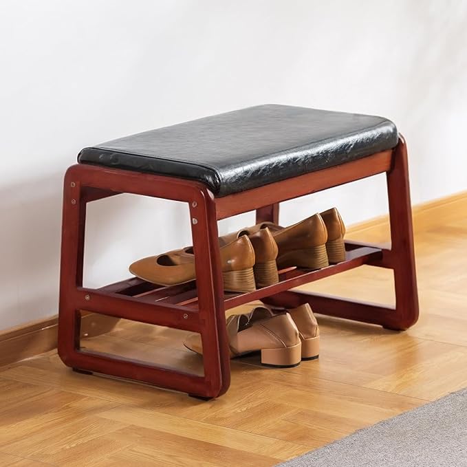 latifolia Solid Wood Bench, Entryway Shoe Bench with Cushion, 2 Tier Shoe Storage Organizer for Hallway, Living Room(Black,21.65''L)