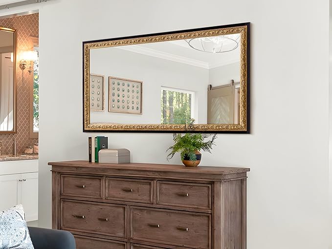 51.5”x28” Black Large Vintage Mirror, Ornate Baroque Decorative Mirror, Gold Foil Carvings Wooden Frame, Handmade Aging, for Dining Room, Fireplace, Bathroom and Bedroom