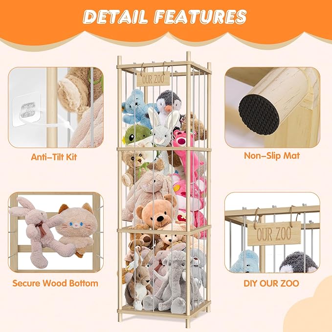 Stuffed Animal Storage, Wood Stuffed Animal Zoo Storage, 54 inch Large Plushy Organizers, Space Save Vertical Stuffed Animals Holder Holds 50+ Stuffed Animals for Nursery Playroom Bedroom (Log Color)