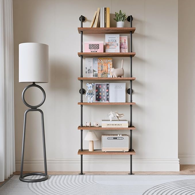 Pipe Industrial Shelves, Wall Mounted Wood Metal Ladder Rustic Bookshelf (Walnut Color, 6 Tier - 10" D x 30" W x 82.5" H)