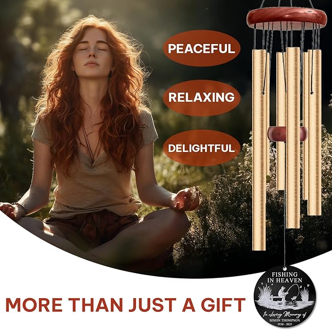Personalized Fishing Memorial Wind Chime – “Fishing in Heaven” Custom Name & Years – Outdoor Sympathy Gift for Fishermen’s Families – Memorial Windchimes for Loss of Loved One – Tranquil Garden Décor