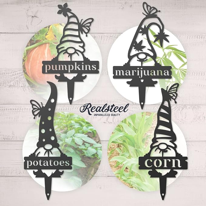 RealSteel, Garden Gnomes Metal Plant Labels, Vegetable, Herb Markers, Outdoors (Potatoes)