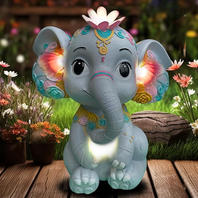 Solar Garden Outdoor Statue Elephant with 4 LED Lights,Lawn Decor Statue for Patio, Balcony,Yard Ornament,Ideal Gift for Christmas,Women,Mom,Grandma,Birthday or Unique Housewarming