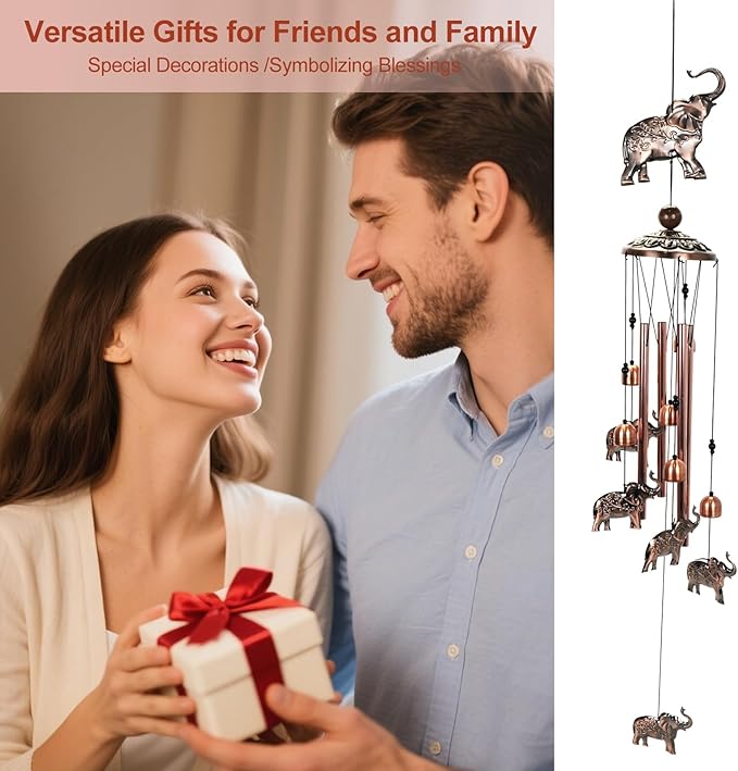 Copper Tone Animal Wind Chimes for Outdoors/Indoors - Elephant Designs - Garden, Patio, Yard, Home Decor, for Women, Men, Mom, Birthday, Memorial, Housewarming (Elephant)