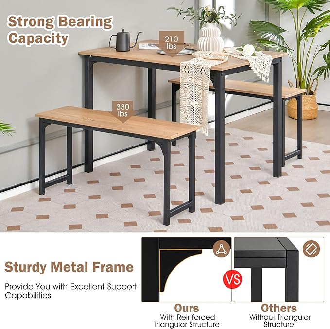 LDAILY Moccha Dining Table Set for 4, Kitchen Table with Benches,43 Inch 3-Piece Wooden Space-Saving Dinette Set with Metal Frame for Kitchen, Dining Room,Small Spaces, Industrial Brown & Black