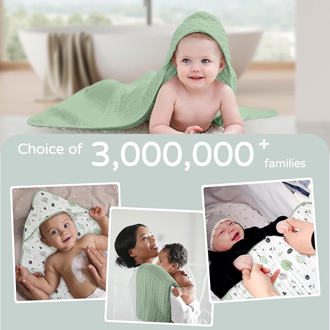 Yoofoss Hooded Baby Towels for Newborn 2 Pack 100% Muslin Organic Cotton Baby Bath Towel with Hood for Babies, Infant, Toddler and Kids, 32x32Inch, Soft and Absorbent Newborn Essential,Forest