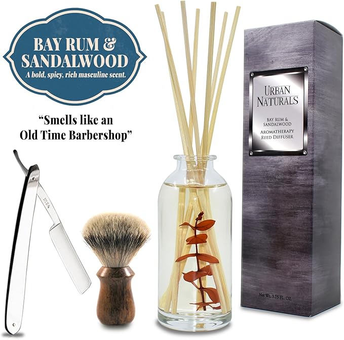 Urban Naturals Bay Rum & Sandalwood Reed Diffuser Scent Sticks Gift Set | Powdery Bay Rum, Sandalwood, Earthy Patchouli & Musk | A Bold, Spicy, Masculine Scent | Smells Like an Old Time Barber Shop