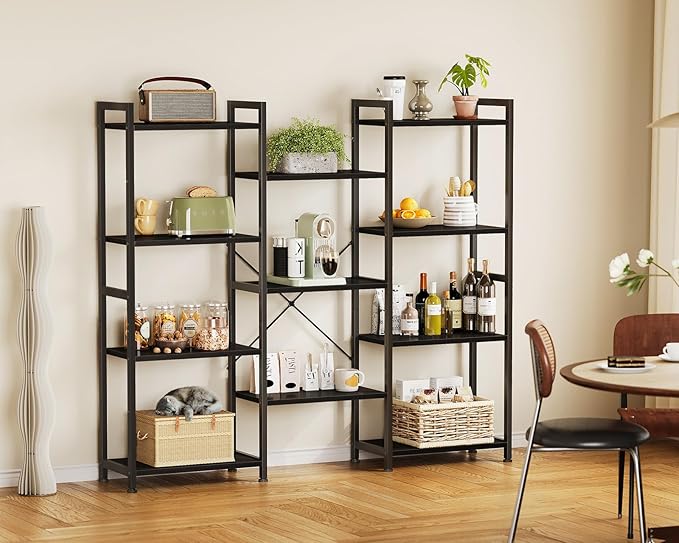 Casaottima Triple 4 Tier Bookshelf, Large Bookcase with 11 Open Display Shelves, Modern Industrial Book Shelves Book Case for Bedroom, Wide Standing Shelving Unit for Living Room Home Office, Black