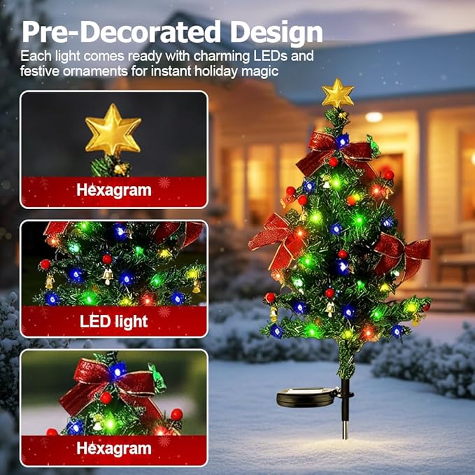 Solar Christmas Trees for Outside, Waterproof Solar Powered Christmas Tree Garden Stake Lights for Outdoor Pathway, Yard & Patio Holiday Decorations (3PC)