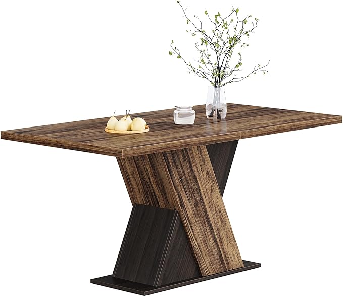LITTLE TREE 55-Inch Dining Table for 6, Wooden Rectangle Kitchen Table, Large Dining Room Tables, Industrial Dinner Table with Heavy Duty Pedestal, Rustic Brown