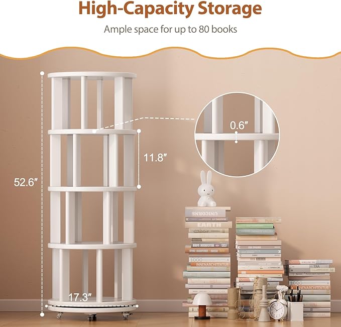 Solid Wood Rotating Bookshelf on Wheels, 4 Tier, Round Revolving Bookcase, 360° Spinning Book Shelf Tower for Kids, Narrow Rolling Bookshelves for Small Space, Corner, Bedroom, Office, White