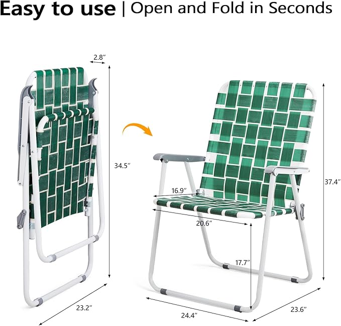VINGLI Patio Lawn Webbed Folding Chairs Outdoor Beach Portable Camping Chair for Yard, Garden (2, Dark Green, Oversized)