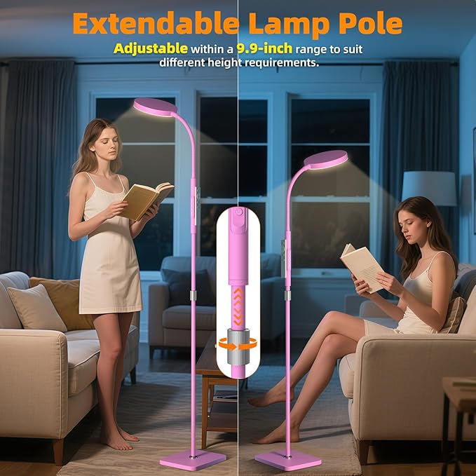 PACOVY Floor Lamp, Adjustable Height Floor Lamps for Living Room Bedroom, 120 LED Super Bright Standing Lamp Remote Control Dimmable Gooseneck Tall Stand Reading Lamp for Office Craft, Pink