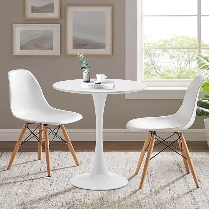 27.5" Small Round Dining Table, Modern Tulip Style Table for 1-2 People, Space-Saving Table for Dining Room, Kitchen, or Cafe, White Pedestal Base