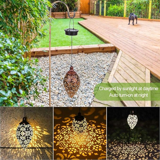 (2 Pack) Hanging Solar Lights, Tomshine Solar Lantern LED Moroccan Garden Decor, Metal Solar Lanterns Outdoor Waterproof for Outside, Patio, Porch, Pathway Hanging Decor