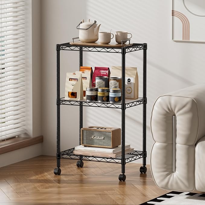 SINGAYE 3 Small Shelves Storage Shelf Wire Shelving Unit Metal Shelf Adjustable Organizers Storage Shelving with Wheels for Bathroom Laundry Room Kitchen Pantry11.5”D x 17.3”W x 30”H Black