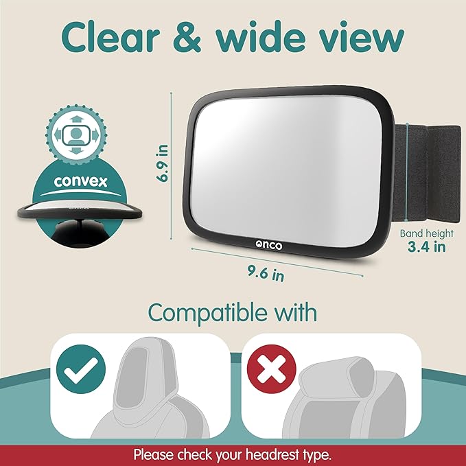 Onco Fixed Headrest Baby Car Mirror - Tesla-Compatible Car Mirror for Baby, 100% Shatterproof & Shake-Proof, Non-Slip with 360° Rotation, Newborn Must Haves