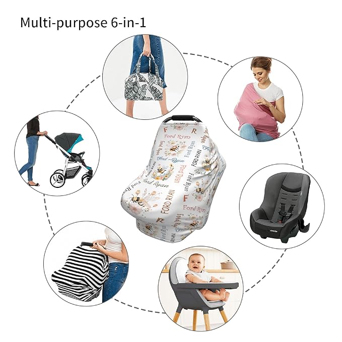 Personalized Baby Car Seat Cover with Name Stroller Canopy Custom Bee Carseat Cover Newborn Baby Boy Girl Nursing Cover for Moms First Birthday Gift