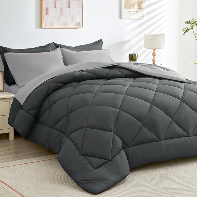 HEVUMYI Oversized Queen Comforter Set - 7-Piece All Season Bed in a Bag Oversized Queen, Ultra Soft Bedding Set with Comforter, Flat Sheet, Fitted Sheet, Pillowcases, Dark Grey & Light Grey