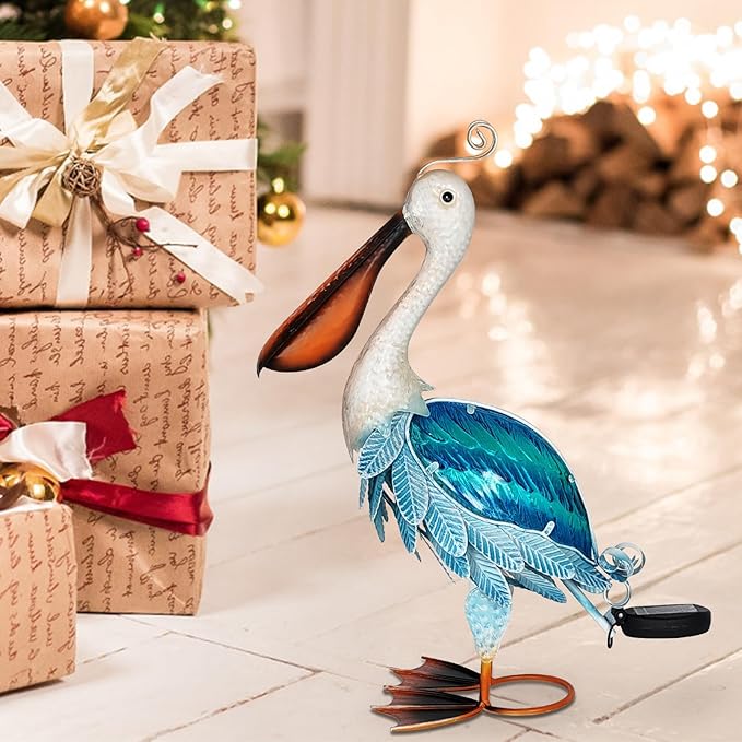 HONGLAND Solar Metal Pelican Statues Garden Sculpture & Statues, 19 Inch Glass Outdoor Pelican Yard Art Coastal Ocean Bird Decor Lawn Ornament for Backyard Porch Patio Decor（Blue）