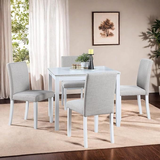 Dining Table Set for 4, 5-Piece Dining Room Table Set with Square Crystal Decoration Table & 4 Upholstered Backrest Chairs, Counter Height Kitchen Sets with Faux Wood Grain Design, White