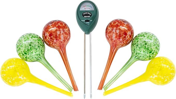 6 Small Plant Watering Globes - Plant Watering Devices - Plant Watering Bulbs - Self Watering Spikes - Hand Blown Glass - Self Watering Planter Insert - Free Moisture Meter - by Cotswold Homeware
