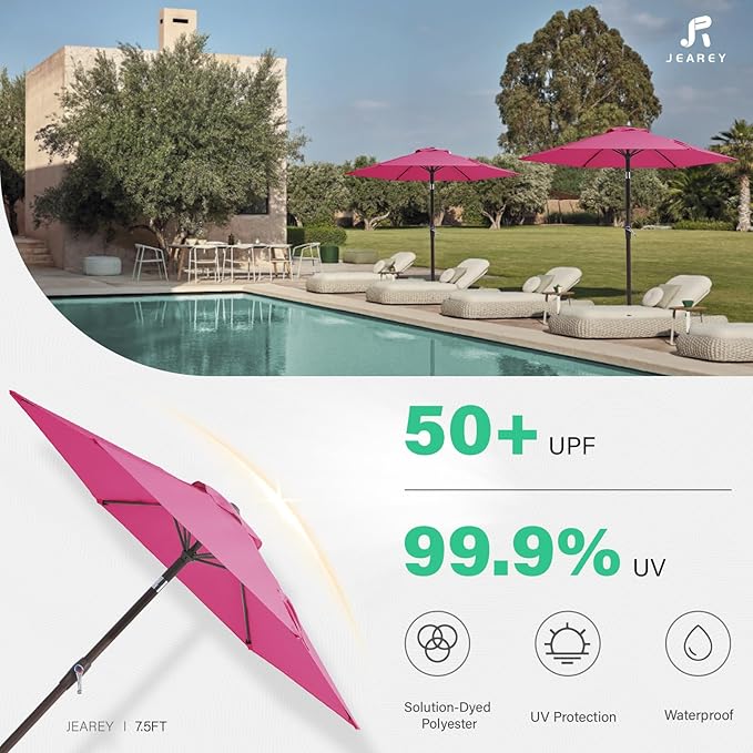 JEAREY 7.5FT Patio Umbrella Market Table Umbrella with 6 Sturdy Ribs, Push Button Tilt/Crank Outdoor Umbrella for Garden, Deck, Backyard, Pool and Beach,Rose Pink