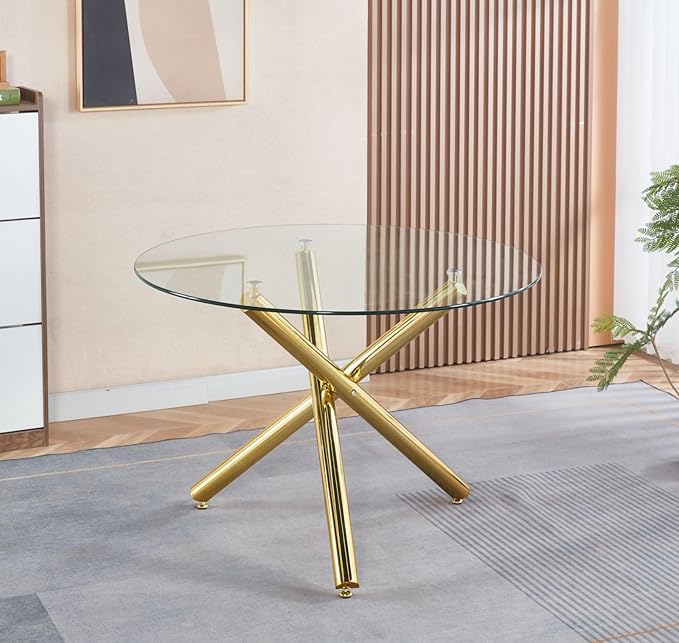 43.3" Round Glass Dining Table for 6, Modern Clear Glass Kitchen Table for 6 with Gold X Metal Legs, Contemporary Small Circle Dining Room Leisure Tables for Kitchen Apartment