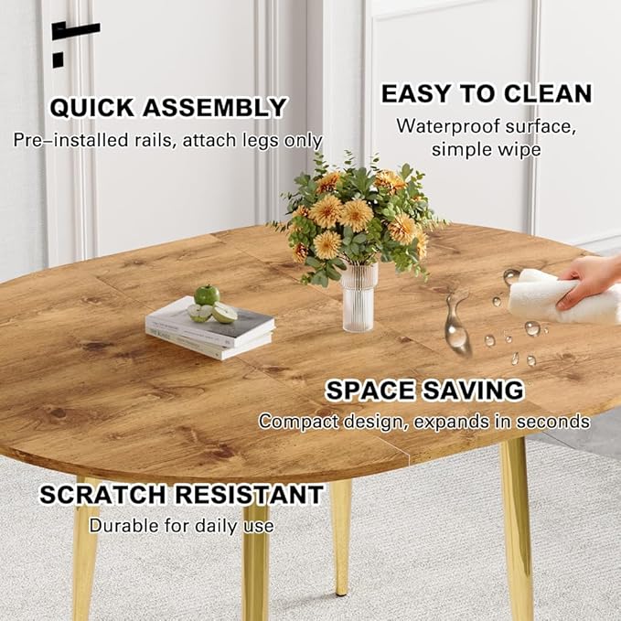 42" Round Dining Table for 4, 54" Oval Dining Table for 6, Extendable Kitchen & Dining Room Table with Metal Legs, Modern Rustic Space-Saving Adjustable Shape Dinner Table, Easy Assembly,Oak