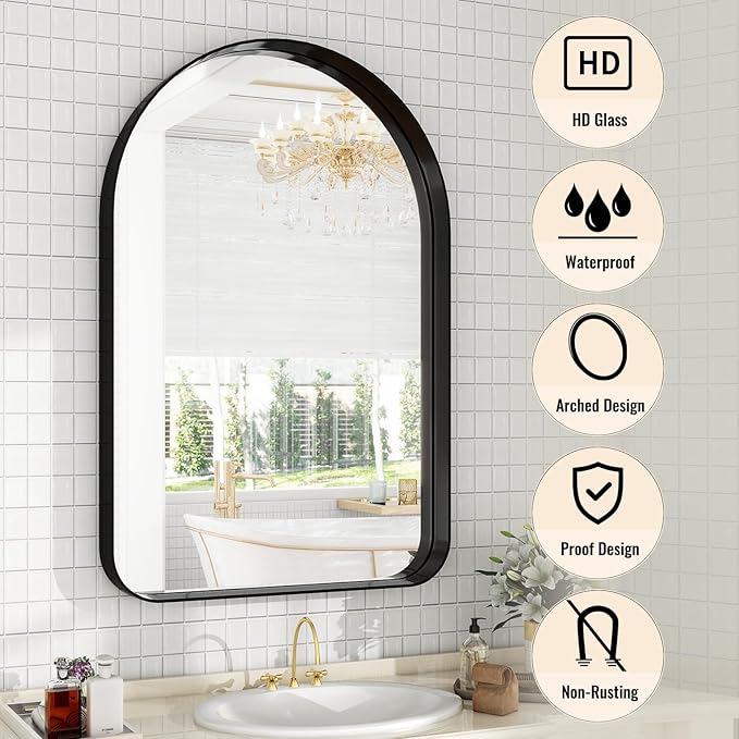 38"x26" Arched Bathroom Mirror - Modern Black Mirror for Wall with Rounded Corners, Bathroom Mirror for Vanity, Aluminum Alloy Framed Mirror - for Living Room, Bedroom, Cloakroom