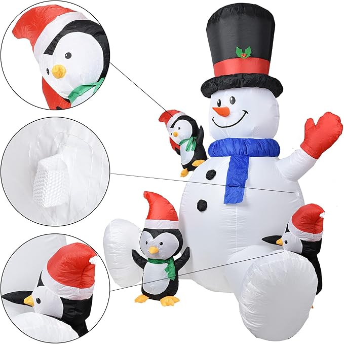 7Ft Lighted Christmas Inflatable Snowman with Three Cute Penguins Build-in LED Lights, Holiday Blow up Outdoor Yard Decoration