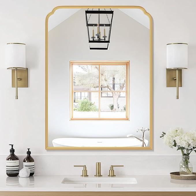 30X40 Inch Gold Bathroom Mirror for Vanity, Modern Rounded Corner Large Wall Mirror for Over Sink with Non-Rusting Iron Metal Framed (Tempered Glass)
