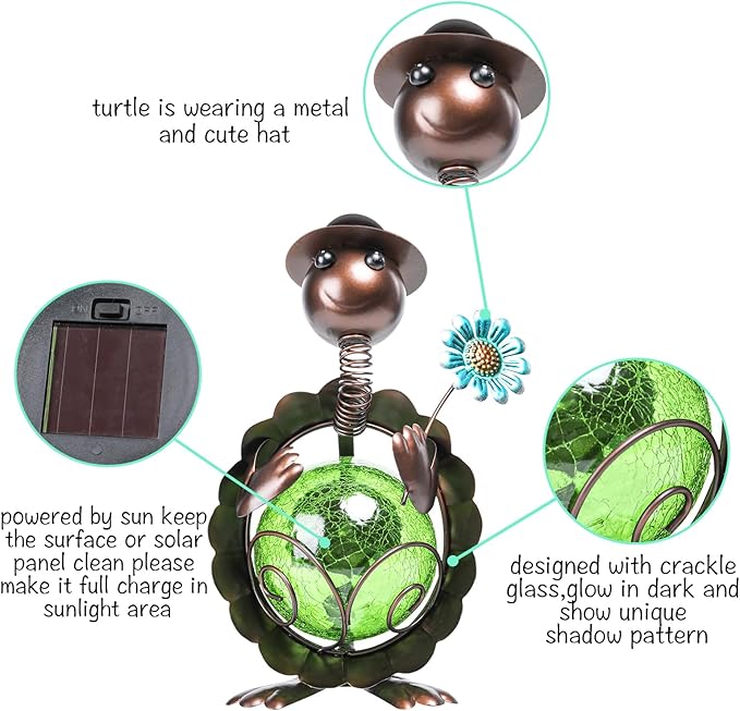 MUMTOP Turtle Garden Decor, Turtle Solar Lights Outdoor Decorative Waterproof with Crackle Glass Globe and Flower Yard Ornaments for Tabletop Outside Garden Lawn Outside Porch Home Decorations