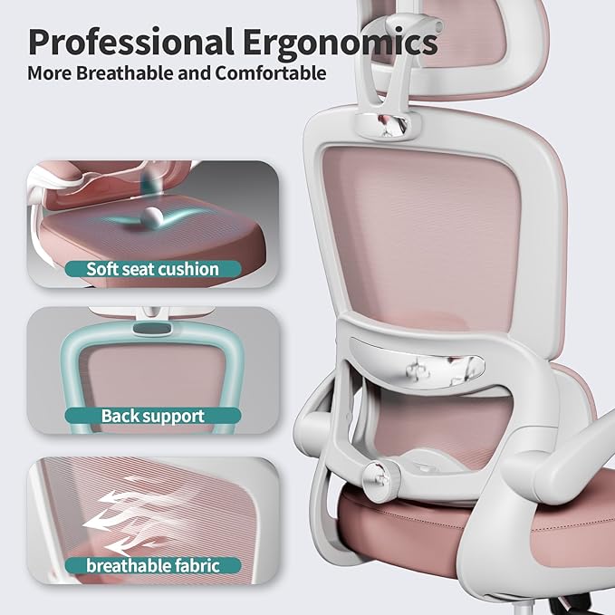 TRALT Office Chair Ergonomic Desk Chair, 330 LBS Home Mesh Office Desk Chairs with Wheels, Comfortable Gaming Chair, High Back Office Chair for Long Hours (Pink)
