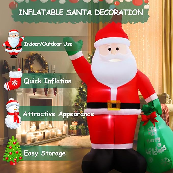 8FT Christmas Inflatables Santa Claus with Gifts Bag Inflatable Christmas Outdoor Decoration IP44 Xmas Blow up Santa Claus with Built-in 4 LED Lights Large Blow up Santa for Outdoor、Indoor、Yard Party