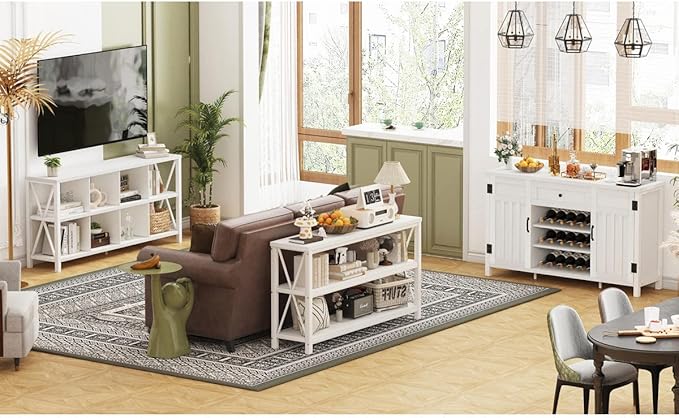 FATORRI 8 Cube Storage Organizer Bookshelf, Rustic Wood Cubby Bookcase, Industrial Horizontal Long Shelf for Living Room (White Oak, 62 Inch)