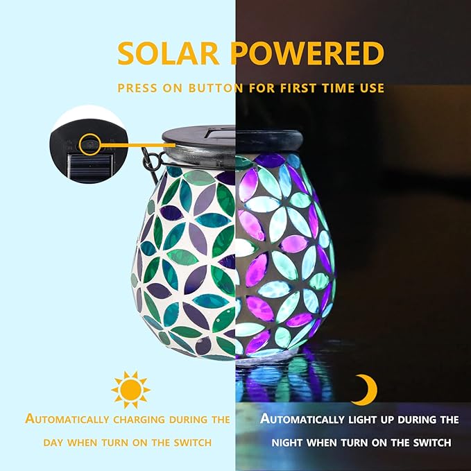 Afirst Mosaic Solar Lanterns Outdoor - Glass Hanging Solar Lights Hollow Out Waterproof Table Lamp Outdoor Decorative for Garden, Patio, Holiday Party Outdoor Decoration