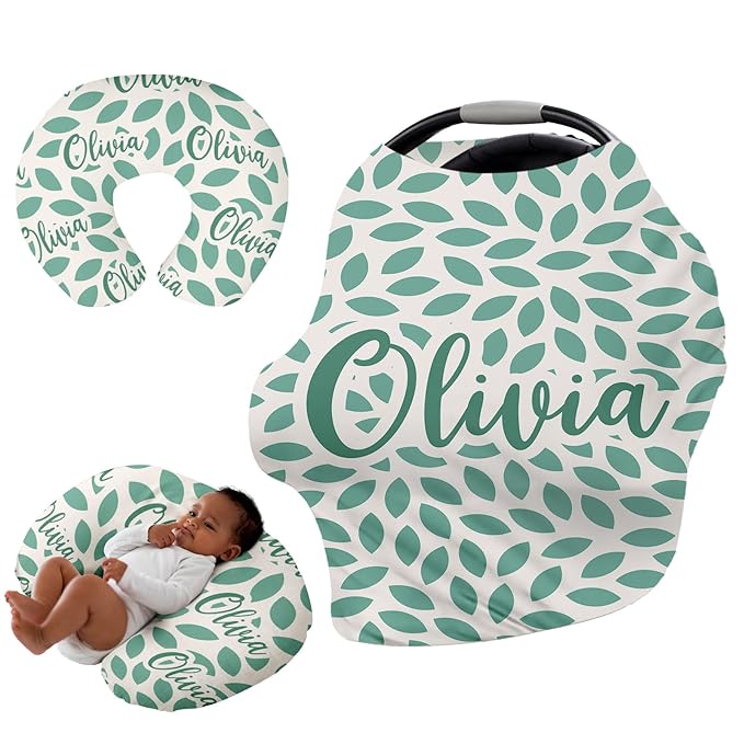 Personalised Car Seat Cover for Girls and Boys - 7 in 1 Multipurpose Breast Feeding Cover, Nursing Cover, Green Leaf Pattern Grocery Cart Cover - Birthday Gift for Babies