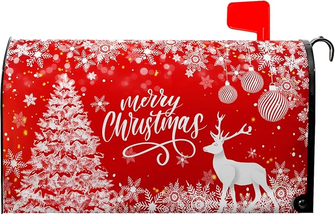 Merry Christmas Mailbox Covers Magnetic Large Size 25.5 x 21 Winter Deer Snowflake Oversized Mailbox Cover Xmas Tree Post Letter Box Cover for Outside Garden Yard Red