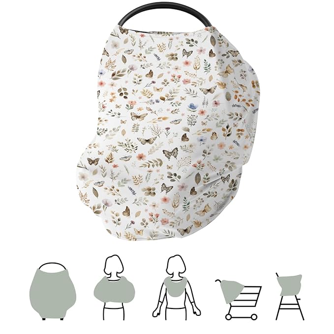 Botanic Gardens Baby Car Seat Covers Beige Floral Butterflies Stretchy 5-in-1 Cover Boho Spring Wildflowers Leaves Adjustable Infant Carseat Canopy Cover Breathable Nursing Cover-Up