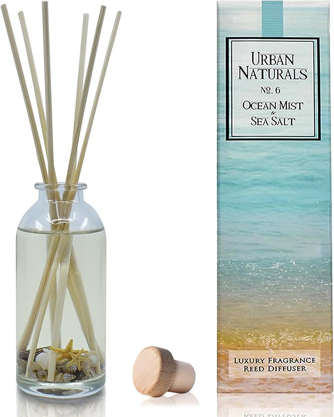 Urban Naturals Ocean Mist & Sea Salt Reed Diffuser Set | Made with Essential Oils & Real Seashells | Decorative Air Freshener Room Diffuser