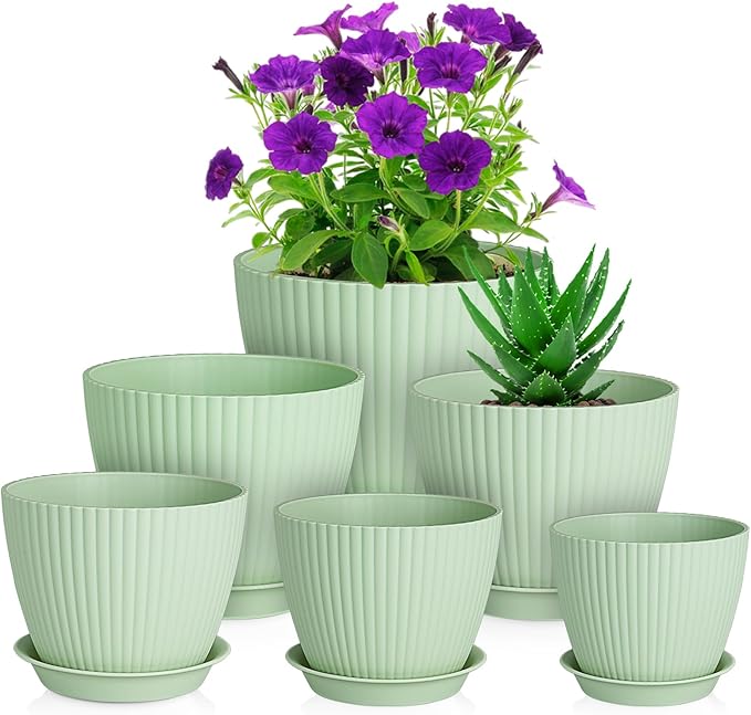 7/6.2/5.5/5/4.5/4 inch Plant Pots, 6 Pack Flower Pots for Small Indoor Outdoor Plants, Plastic Planters with Drainage Holes and Saucers for Garden Succulent House Plants, Green