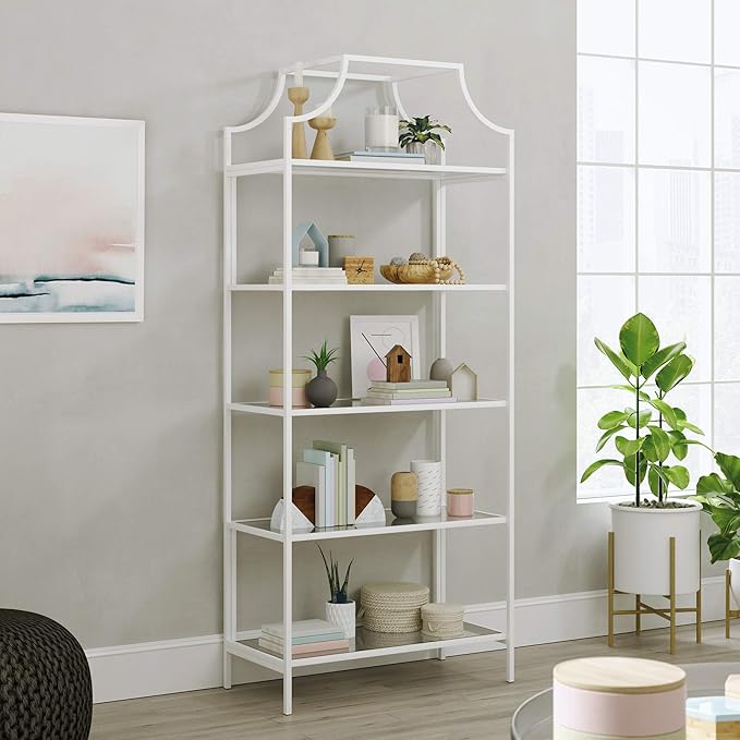 Sauder International Lux Book Shelf 5 Tier Modern Metal Multipurpose Bookcase with Glass Shelving, in White