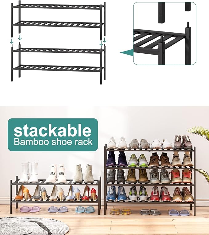 Black Shoe Rack, 2-Tier Long Shoe Rack for Entryway, Bamboo Wood Shoe Shelf for Closet & Hallway, Long 33IN | Beautiful | Functional | Sturdy | Durable