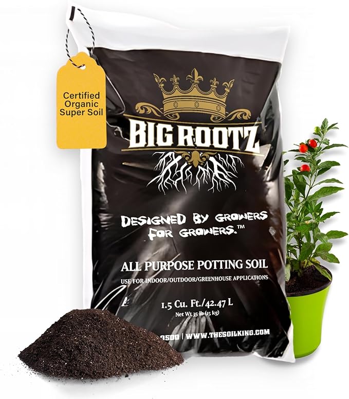 Soil King Big Rootz Organic Soil - CDFA & EnvirOganic Certified. All-Purpose Potting, pH Adjusted for Maximum Nutrient Uptake & Root Growth, Indoor & Outdoor Plants, 40 lb. Bag
