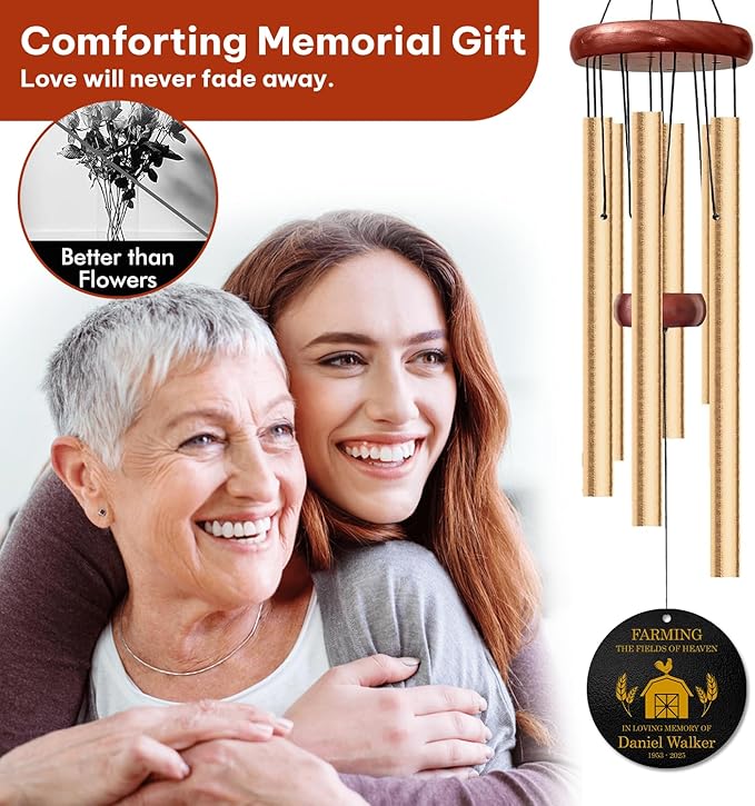 Personalized Farming Memorial Wind Chime – “Farming The Fields of Heaven” Custom Name & Years – Sympathy Gift for Loss of Loved One – Remembrance Windchime for Farmers & Country Life Tribute Décor