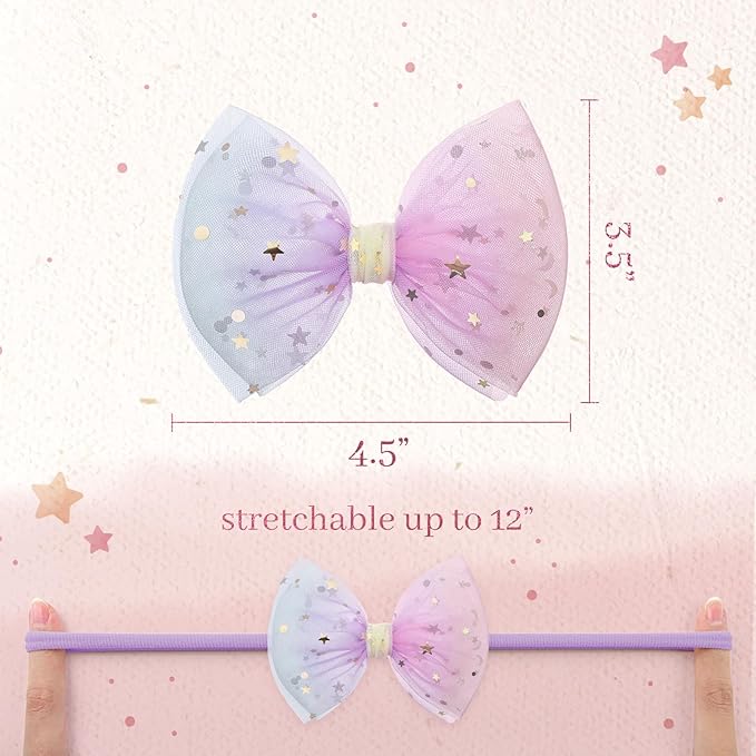 4 Pcs 4.5’’ Organza Lace Bow for Baby Girls Pink Headbands Mesh Glitter Hair Bows Baby Shower Gifts for Newborn Infant Toddler Girl
