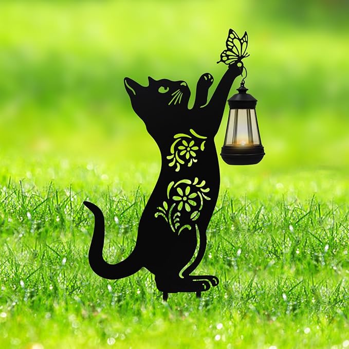 Solar Lights Outdoor Garden Decor - Metal Cat Holding Lantern Stake, Waterproof Solar-Powered Pathway Light for Yard, Pathway, Lawn, Patio - Unique Gift for Cat Lovers Halloween Christmas Garden Decor